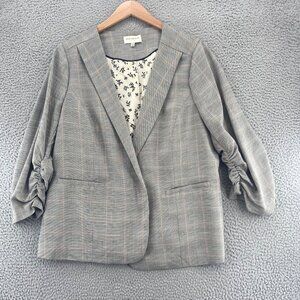 Skies Are Blue Jacket Womens 2X Plus Curvy Gray Plaid Ruched 3/4 Sleeve Blazer